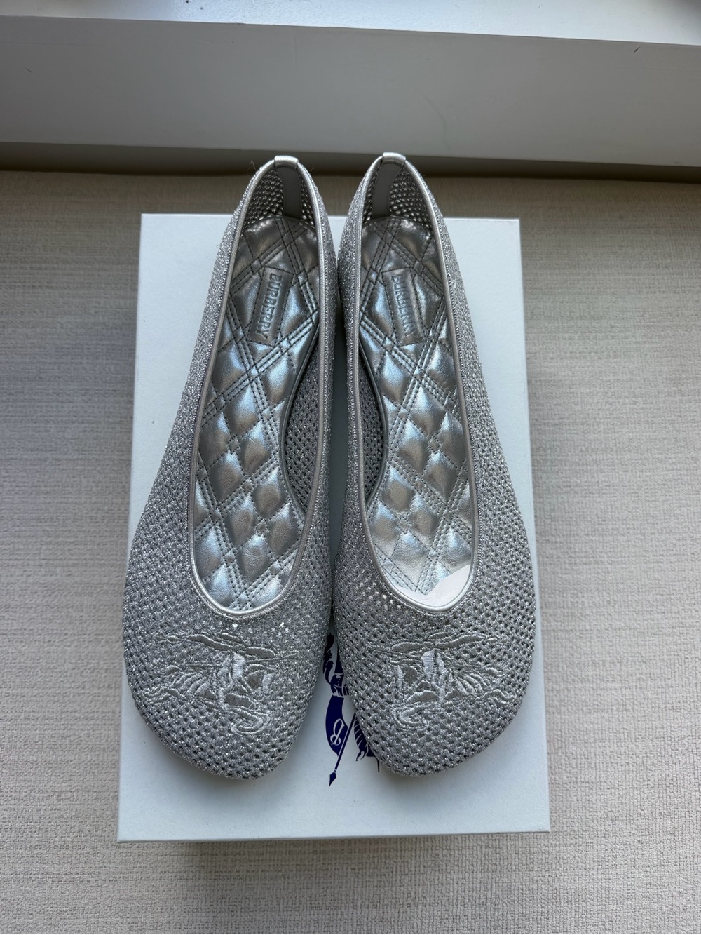 Burberry Silver Embroidered Ballet Flats